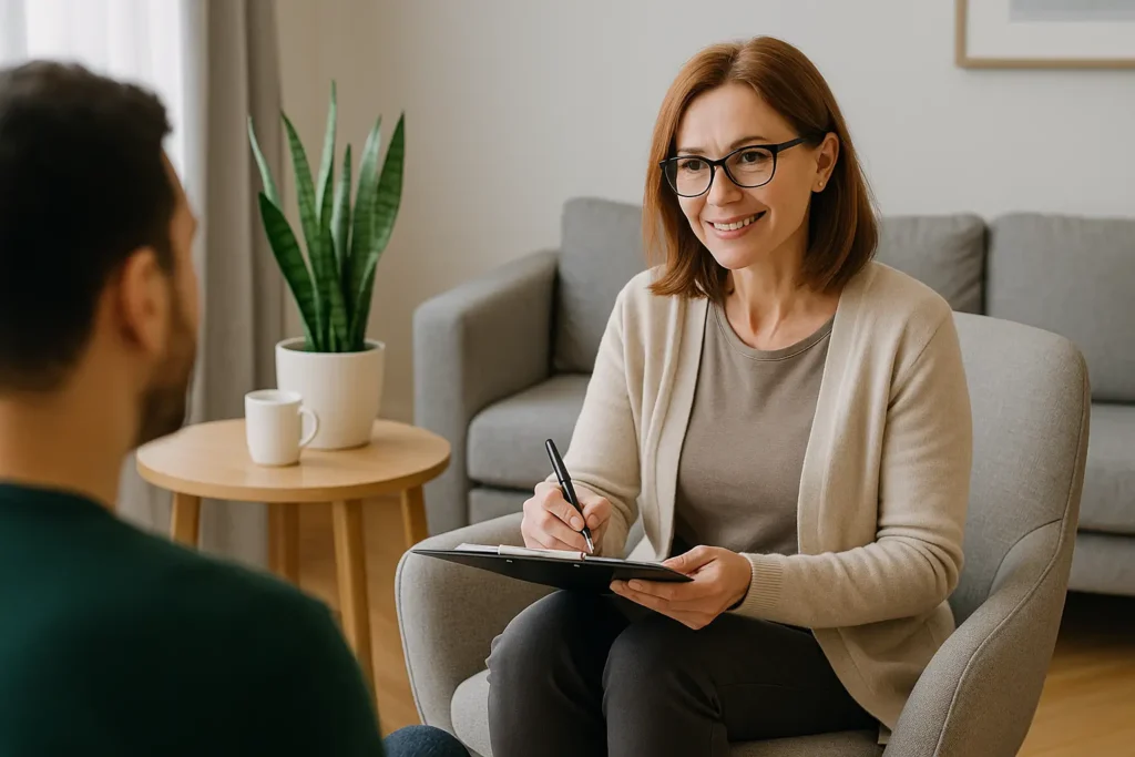 Imagem realista mostra uma psicóloga de meia-idade, com expressão acolhedora, conversando com uma paciente em uma sala de atendimento clara e moderna. O ambiente é decorado de forma aconchegante, com poltronas confortáveis, plantas e iluminação suave, representando a proposta de sublocação de consultório em Brasília como solução econômica e flexível para profissionais da psicologia.