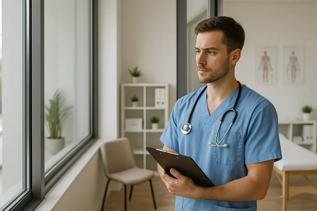 Profissional da saúde jovem avaliando uma sala moderna de atendimento em um espaço compartilhado, com ambiente iluminado, móveis claros e equipamentos médicos ao fundo.
