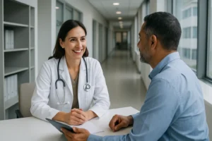 Uma médica de pele clara, usando jaleco branco e estetoscópio no pescoço, sorri enquanto conversa com um homem de pele morena e camisa azul clara. Eles estão sentados frente a frente em uma mesa, em um ambiente moderno e iluminado por janelas amplas, com um corredor de centro médico ao fundo. O homem segura um tablet, sugerindo uma conversa sobre estrutura ou serviços médicos.