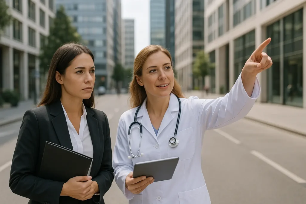 Duas mulheres estão em uma rua de centro comercial moderno. À esquerda, uma mulher de terno escuro segura uma pasta preta e observa atentamente o horizonte. À direita, uma médica com jaleco branco e estetoscópio no pescoço segura um tablet e aponta para a frente com expressão confiante. Ao fundo, prédios espelhados e árvores em calçadas largas completam o cenário urbano e profissional.