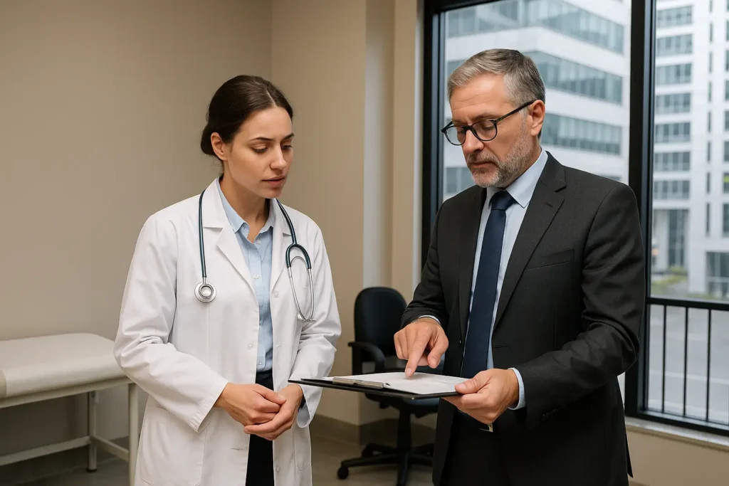 Dois profissionais conversam dentro de um consultório médico moderno. Uma médica jovem, vestindo jaleco branco e estetoscópio, observa atentamente enquanto um homem mais velho de terno e gravata aponta para um documento em uma prancheta. Ao fundo, há uma maca de exame e uma janela ampla com vista para prédios comerciais, sugerindo que o consultório está localizado em um edifício empresarial.