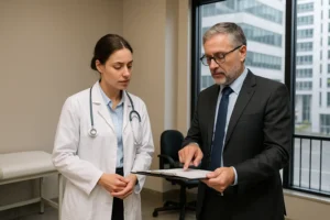 Dois profissionais conversam dentro de um consultório médico moderno. Uma médica jovem, vestindo jaleco branco e estetoscópio, observa atentamente enquanto um homem mais velho de terno e gravata aponta para um documento em uma prancheta. Ao fundo, há uma maca de exame e uma janela ampla com vista para prédios comerciais, sugerindo que o consultório está localizado em um edifício empresarial.