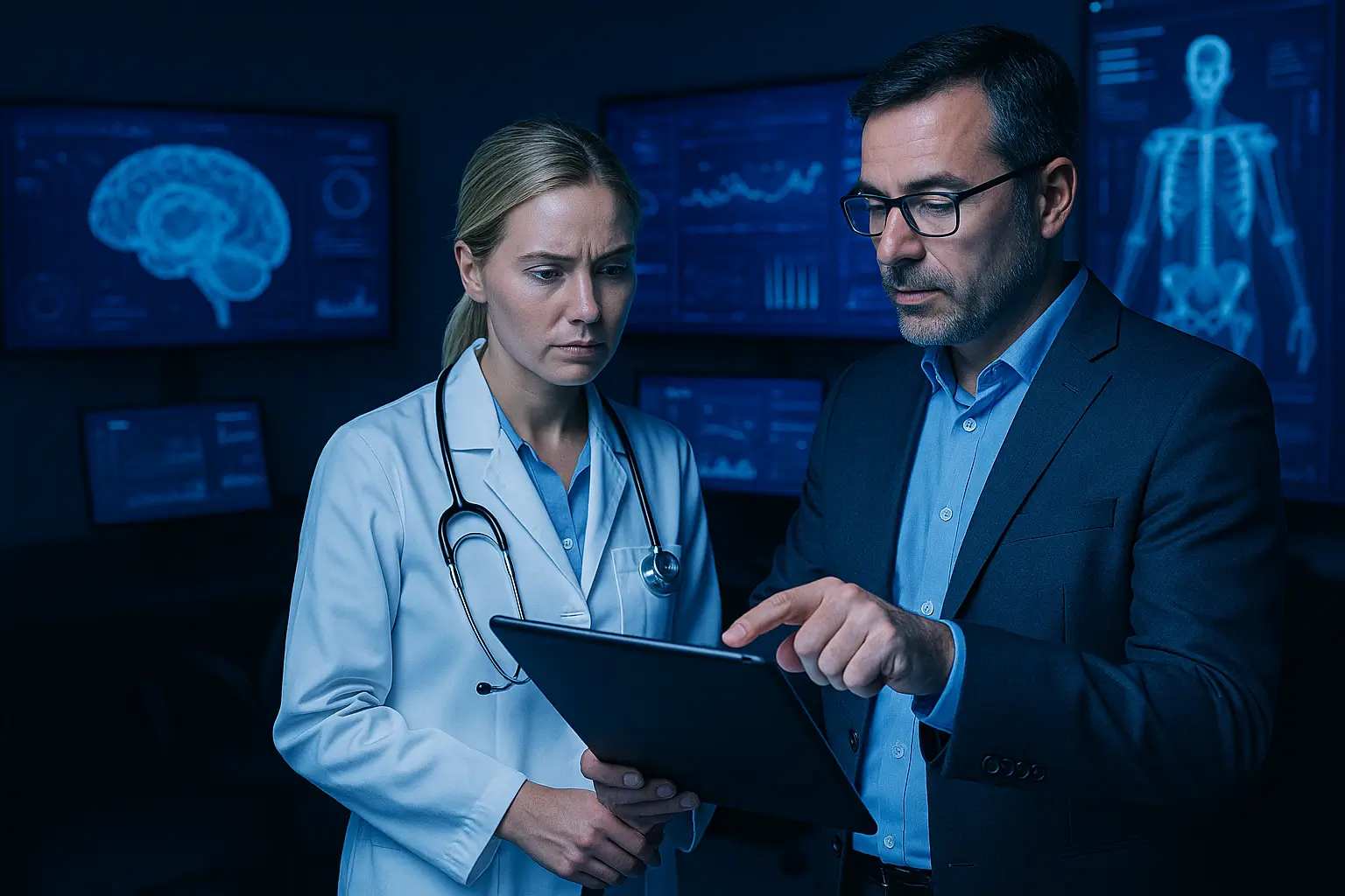 Dois profissionais estão em um consultório médico de alta tecnologia. Uma médica loira, de jaleco branco e estetoscópio no pescoço, observa atentamente um tablet segurado por um consultor de terno escuro e óculos. Ao fundo, várias telas exibem gráficos, imagens 3D de cérebro, esqueleto humano e outros dados médicos, criando um ambiente moderno e digitalmente avançado.