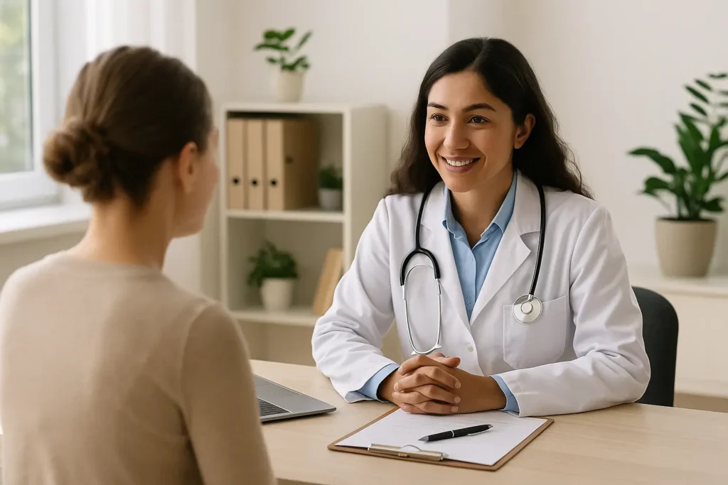 Uma médica de descendência sul-asiática, usando jaleco branco e estetoscópio no pescoço, sorri de forma acolhedora enquanto conversa com uma mulher sentada à sua frente, de costas para a câmera. Elas estão em um consultório moderno e bem iluminado, com plantas decorativas, prateleiras organizadas e luz natural entrando pela janela ao fundo. Sobre a mesa há um laptop e uma prancheta com uma caneta.