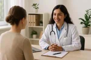 Uma médica de descendência sul-asiática, usando jaleco branco e estetoscópio no pescoço, sorri de forma acolhedora enquanto conversa com uma mulher sentada à sua frente, de costas para a câmera. Elas estão em um consultório moderno e bem iluminado, com plantas decorativas, prateleiras organizadas e luz natural entrando pela janela ao fundo. Sobre a mesa há um laptop e uma prancheta com uma caneta.