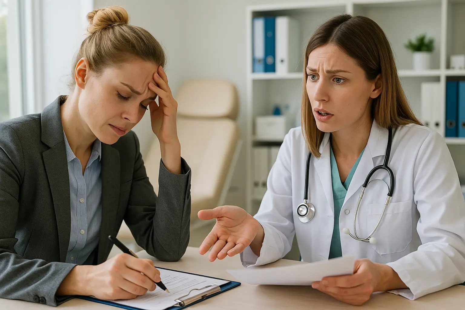 Duas mulheres estão em um consultório médico bem iluminado por luz natural. À esquerda, uma mulher de terno cinza claro e expressão preocupada segura a cabeça com uma mão enquanto escreve em uma prancheta. À direita, uma médica de jaleco branco e estetoscópio no pescoço gesticula com a mão, parecendo explicar algo com seriedade. Ao fundo, há estantes com pastas organizadas e uma cadeira de atendimento, compondo um ambiente profissional e moderno.