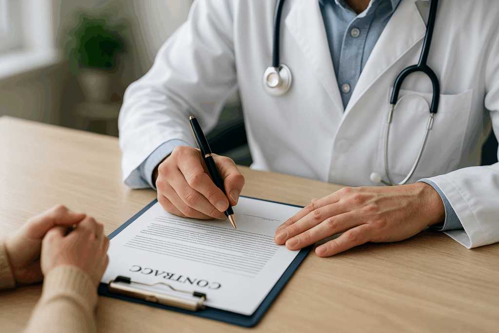 O ChatGPT disse: Médico com jaleco branco e estetoscópio no pescoço assina um contrato sobre uma prancheta azul em uma mesa de madeira clara. Apenas suas mãos e parte do tronco estão visíveis. À frente dele, uma pessoa fora de foco observa com as mãos entrelaçadas. O ambiente é bem iluminado por luz natural, com plantas e prateleiras ao fundo.