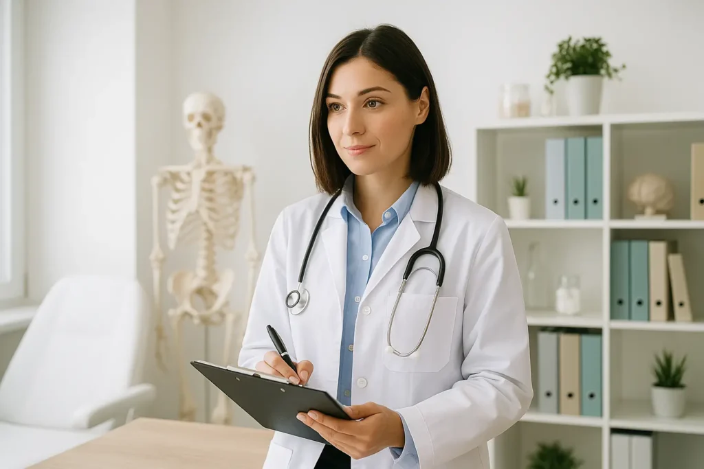 Médica jovem de pele clara e cabelos castanhos lisos na altura dos ombros está em pé em um consultório moderno e bem iluminado, usando jaleco branco e estetoscópio no pescoço. Ela segura uma prancheta e uma caneta, com expressão calma e atenta. Ao fundo, há uma estante com pastas e plantas decorativas, além de um modelo anatômico de esqueleto humano, compondo um ambiente organizado e voltado para diversas especialidades médicas.