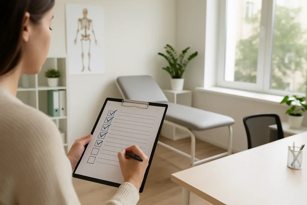 Mulher de cabelos castanhos veste suéter bege e segura uma prancheta com checklist, marcando itens com uma caneta. Ela está em um consultório médico iluminado por luz natural, com maca de exames ao fundo, planta decorativa, estante com pastas organizadas e pôster anatômico na parede, compondo um ambiente limpo e funcional.