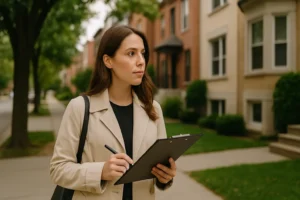 Mulher jovem de pele clara e cabelos castanhos observa atentamente a rua enquanto segura uma prancheta com uma caneta na mão. Ela veste um trench coat bege e está em uma calçada arborizada de um bairro residencial com casas de tijolos aparentes e jardins bem cuidados, em um ambiente calmo e iluminado por luz natural.