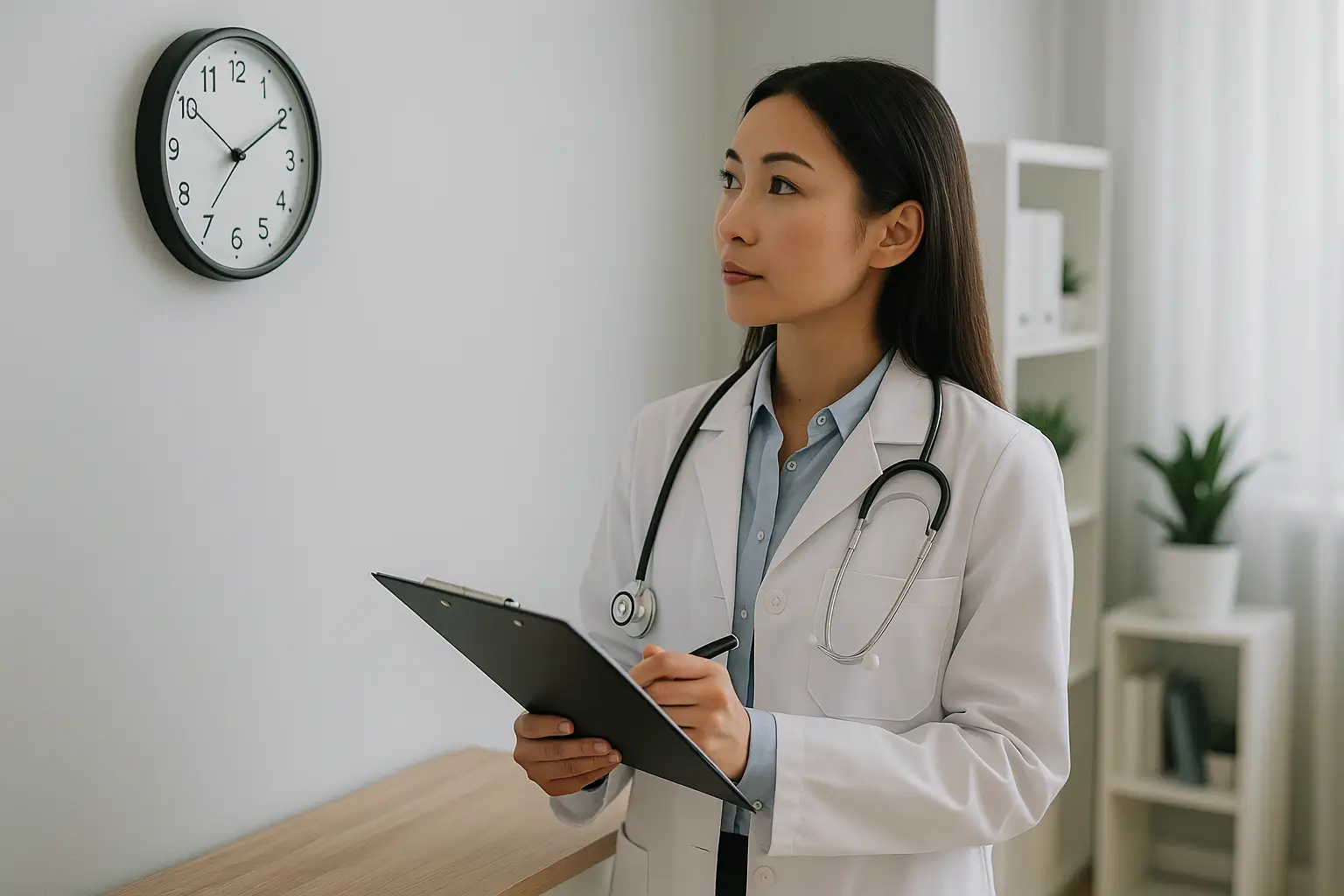 Médica de origem asiática, usando jaleco branco e cabelos presos, está em pé dentro de um consultório moderno e bem iluminado. Ela segura uma prancheta e consulta as anotações enquanto conversa com outra profissional de jaleco, sentada à sua frente. Ao fundo, há um relógio de parede, uma planta decorativa e móveis claros, sugerindo organização de horários e a dinâmica de trabalho por turnos no espaço compartilhado.