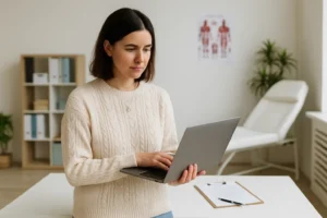 Mulher jovem de pele clara e cabelos castanhos na altura dos ombros está em um consultório médico bem iluminado, usando um suéter bege e segurando um notebook com as duas mãos enquanto digita. Ao fundo, há uma maca branca, uma estante com pastas organizadas, uma planta e um pôster anatômico na parede, compondo um ambiente limpo e funcional. Sobre a mesa à frente dela, há uma prancheta com papéis e uma caneta.