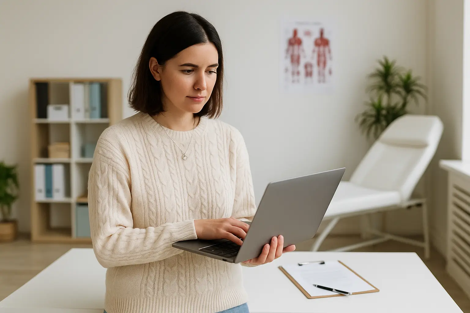 Mulher jovem de pele clara e cabelos castanhos na altura dos ombros está em um consultório médico bem iluminado, usando um suéter bege e segurando um notebook com as duas mãos enquanto digita. Ao fundo, há uma maca branca, uma estante com pastas organizadas, uma planta e um pôster anatômico na parede, compondo um ambiente limpo e funcional. Sobre a mesa à frente dela, há uma prancheta com papéis e uma caneta.