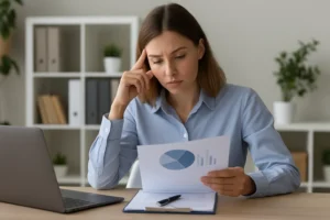 Mulher jovem de pele clara e cabelos castanhos está sentada em uma mesa de madeira clara, vestindo camisa azul e com expressão séria e concentrada. Ela segura um relatório com gráficos em tons de azul, apoiando a outra mão na lateral da cabeça. Sobre a mesa, há um notebook, uma prancheta e uma caneta. Ao fundo, prateleiras organizadas com pastas, livros e plantas decoram um ambiente de escritório bem iluminado por luz natural.