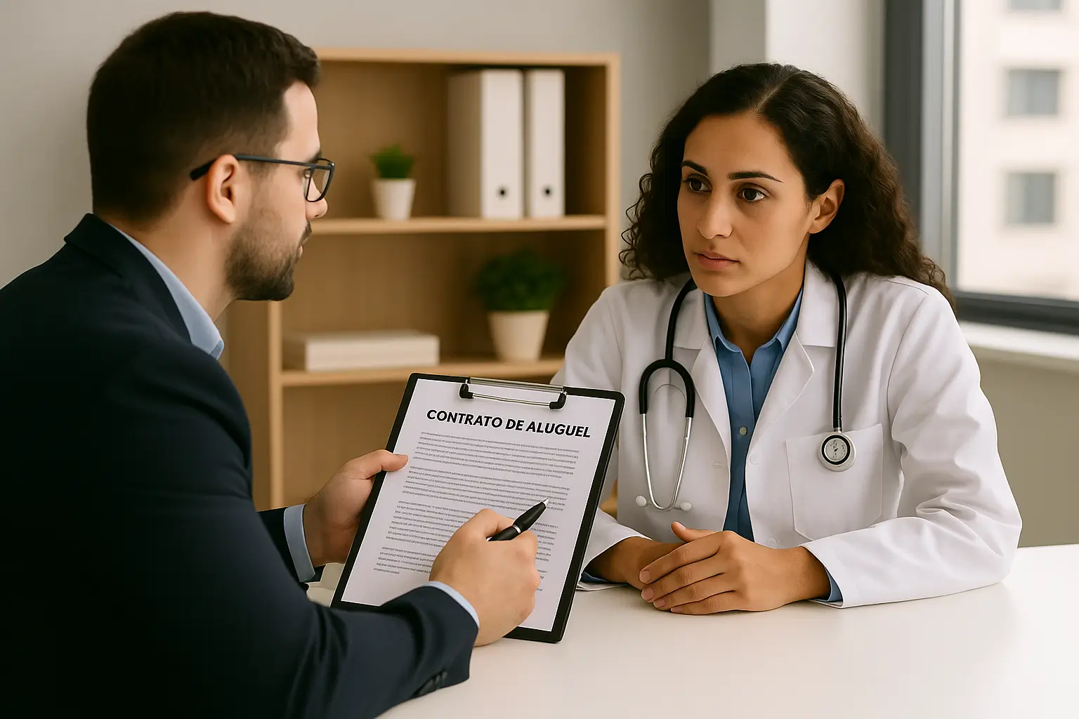 Homem de terno explicando um documento com o título 'Contrato de aluguel' para uma médica com jaleco branco e estetoscópio, sentados em uma sala moderna e bem iluminada.