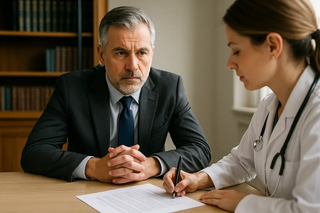Um advogado de meia-idade, com cabelo grisalho e barba por fazer, veste terno escuro e observa atentamente uma médica sentada à sua frente. A médica, de jaleco branco e estetoscópio no pescoço, assina um contrato sobre a mesa de madeira clara. A cena ocorre em um escritório bem iluminado por luz natural, com prateleiras de livros ao fundo, transmitindo um ambiente sério e profissional.
