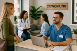 Coworking de saúde moderno com médicos e pacientes interagindo em diferentes áreas de atendimento, refletindo um ambiente colaborativo e acolhedor.