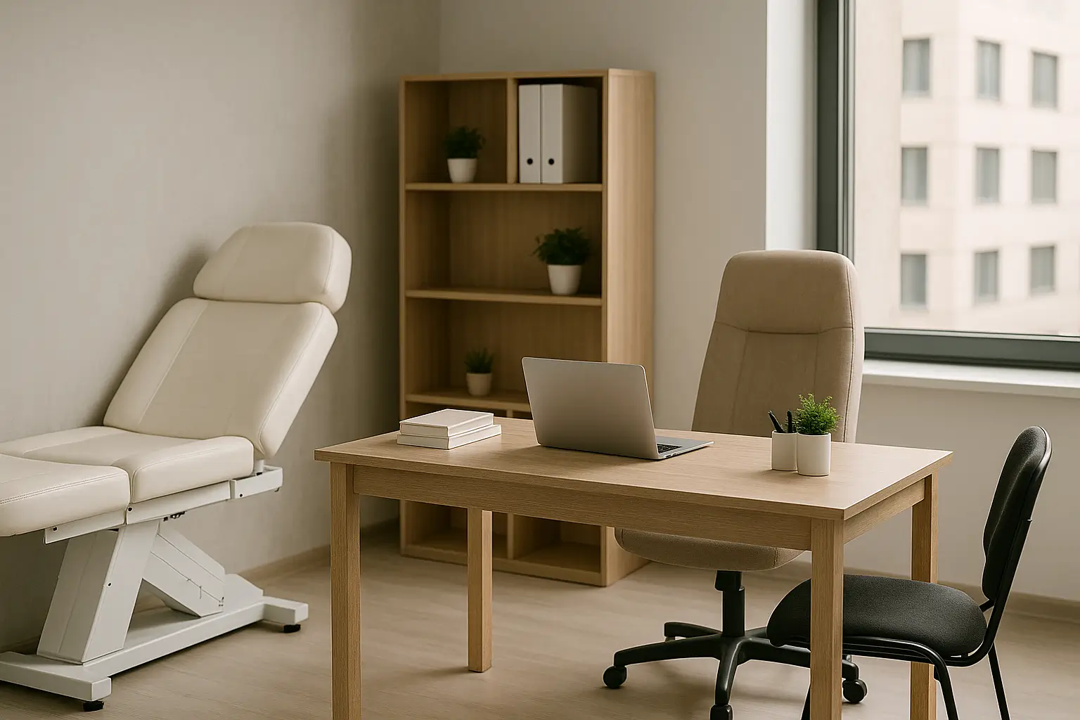 Sala de consultório médico moderna, bem iluminada e equipada com mobília de alto padrão. A decoração é minimalista e aconchegante, com tons claros e plantas decorativas que tornam o ambiente mais acolhedor. A imagem transmite profissionalismo e cuidado com os detalhes, ideal para atrair potenciais locatários.