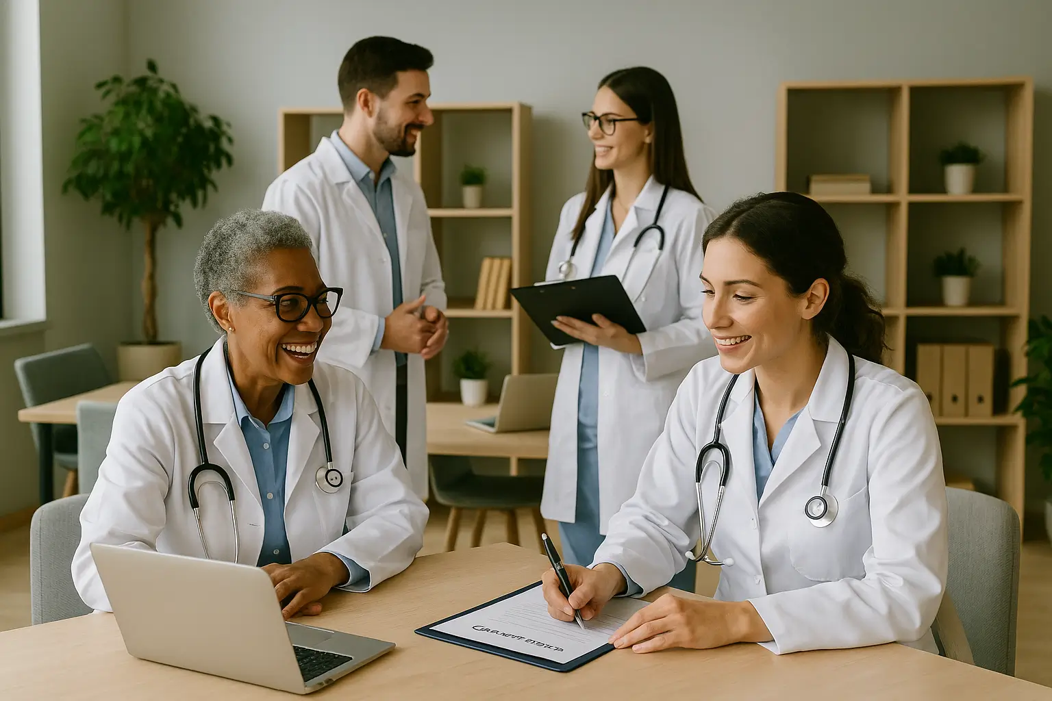 Espaço moderno de coworking na área da saúde, com médicos e profissionais interagindo em ambiente colaborativo, cercados por mesas compartilhadas e luz natural.