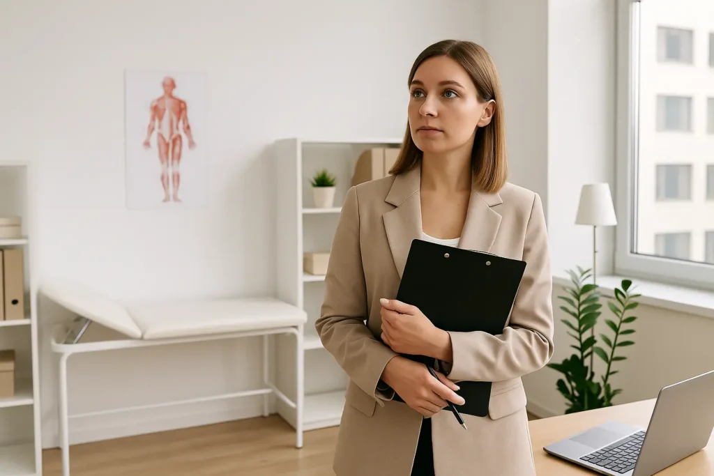 Uma mulher de pele clara e cabelos loiros está em pé dentro de um consultório médico moderno, observando atentamente os equipamentos e móveis do ambiente. A sala é bem iluminada, com mesa, cadeira, maca e armário organizados, transmitindo uma sensação de limpeza e funcionalidade.