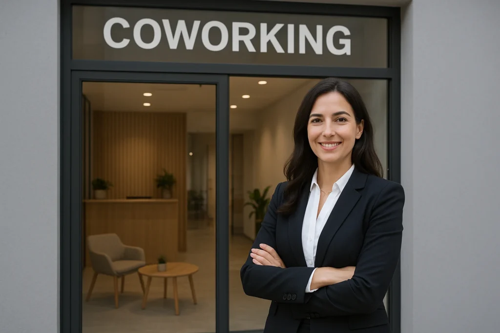 Empresária sorridente em frente a um espaço de coworking moderno, com fachada de vidro, recepção iluminada e decoração minimalista em tons de madeira e plantas.