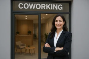 Empresária sorridente em frente a um espaço de coworking moderno, com fachada de vidro, recepção iluminada e decoração minimalista em tons de madeira e plantas.