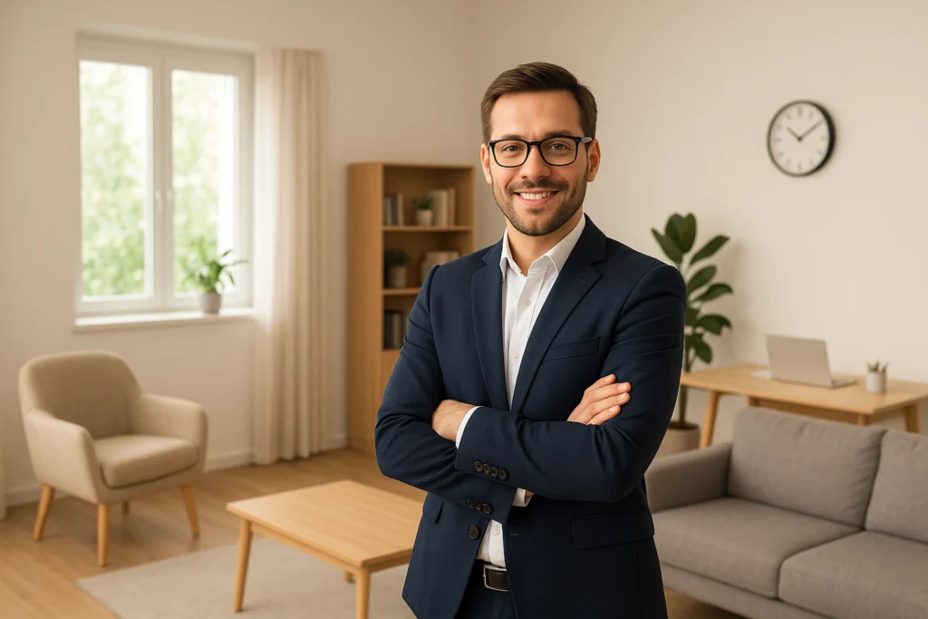 “Psicólogo sorridente em um consultório moderno e bem iluminado, com móveis de madeira clara, plantas e decoração minimalista, transmitindo profissionalismo e acolhimento.