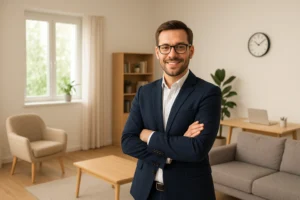 “Psicólogo sorridente em um consultório moderno e bem iluminado, com móveis de madeira clara, plantas e decoração minimalista, transmitindo profissionalismo e acolhimento.