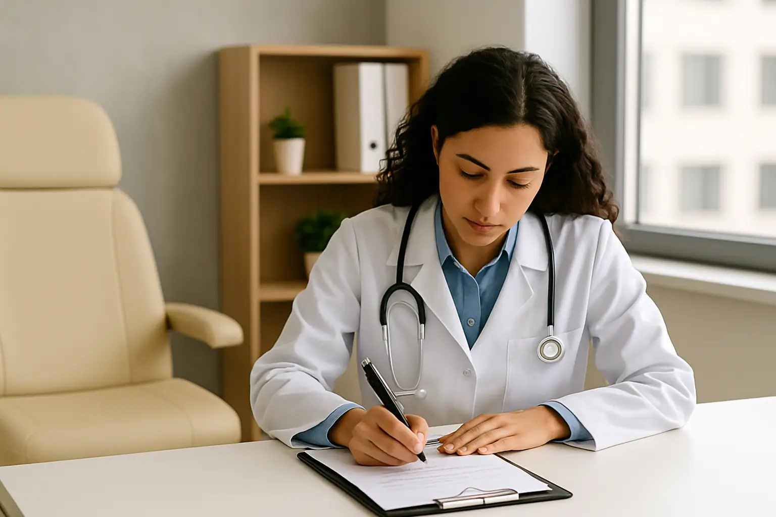Médica de pele morena e cabelos presos, sentada em uma sala moderna de consultório, com a cabeça levemente inclinada para baixo enquanto assina um documento sobre a mesa. O ambiente é bem iluminado, com decoração neutra e profissional.