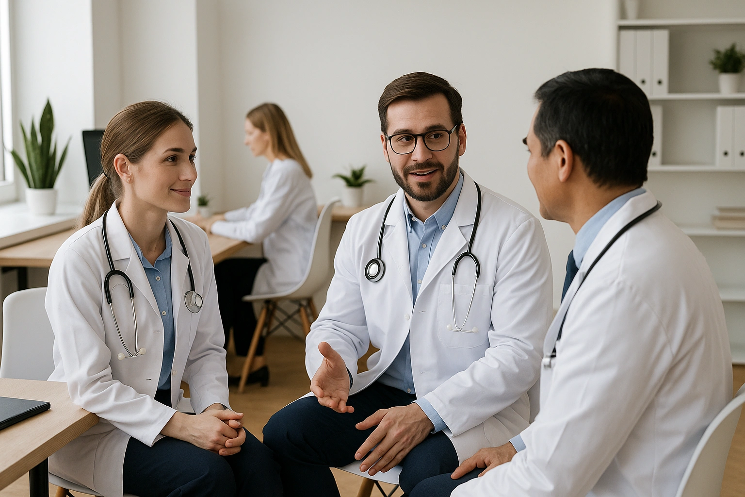 Médicos conversando em um coworking de saúde moderno, discutindo aspectos legais sobre a sublocação de consultório médico, com ambiente profissional e iluminado.
