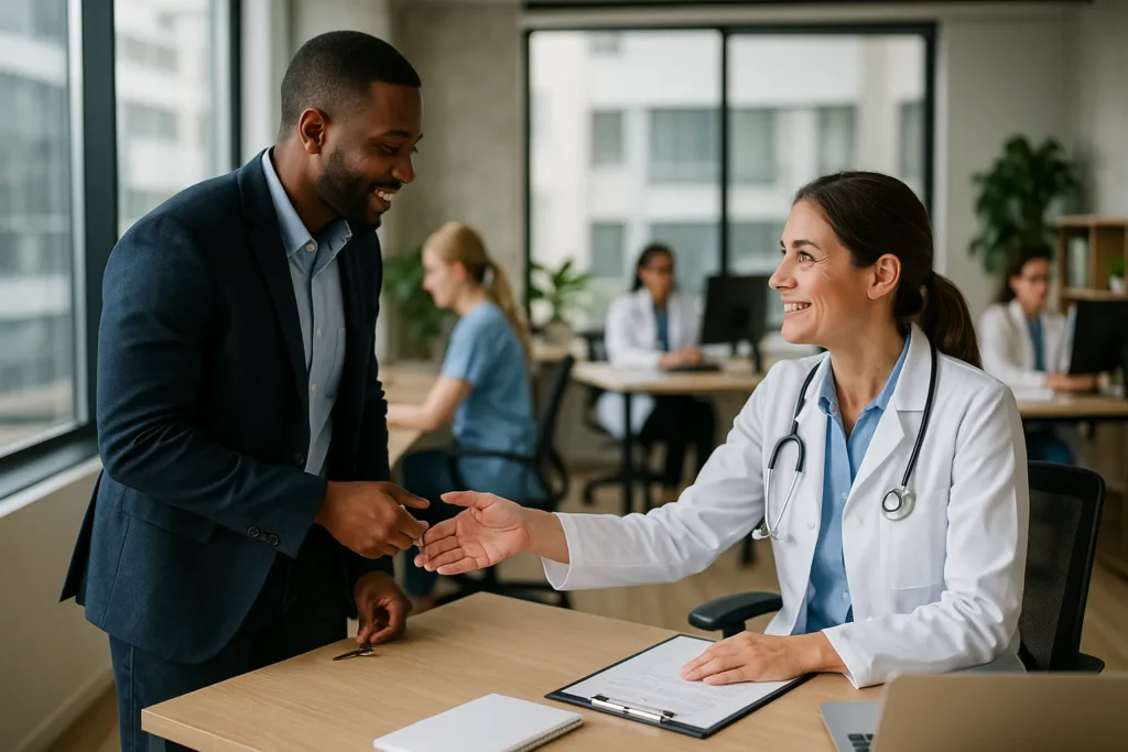 Profissional da saúde cumprimentando um gestor em um coworking médico moderno, com outros profissionais ao fundo em ambiente colaborativo e iluminado.