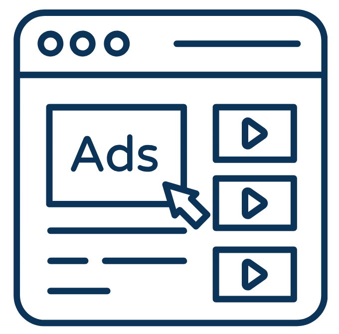 Ícone minimalista de página web com área destacada para anúncios online e botão de reprodução.