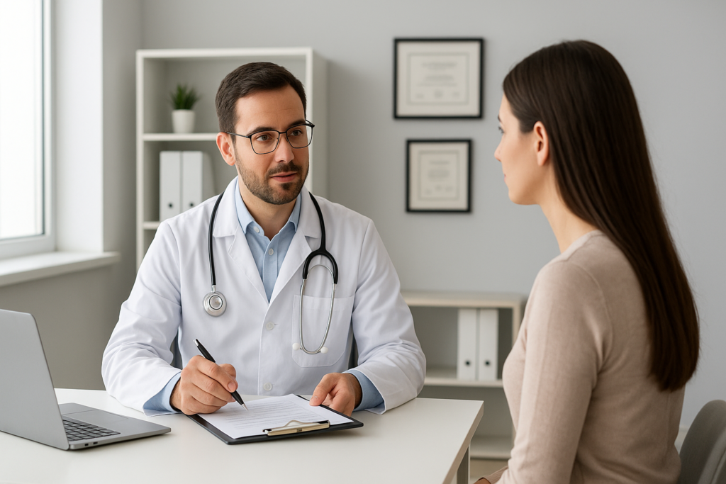 Imagem realista mostrando um consultório médico moderno, com um médico usando jaleco branco e estetoscópio conversando com uma paciente sentada à sua frente. A sala é bem iluminada, possui decoração neutra e documentos emoldurados na parede, transmitindo ambiente profissional e organizado.