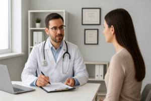 Imagem realista mostrando um consultório médico moderno, com um médico usando jaleco branco e estetoscópio conversando com uma paciente sentada à sua frente. A sala é bem iluminada, possui decoração neutra e documentos emoldurados na parede, transmitindo ambiente profissional e organizado.