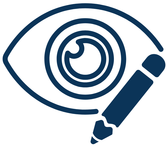 Ícone de olho com lápis simbolizando criação visual e identidade de design.