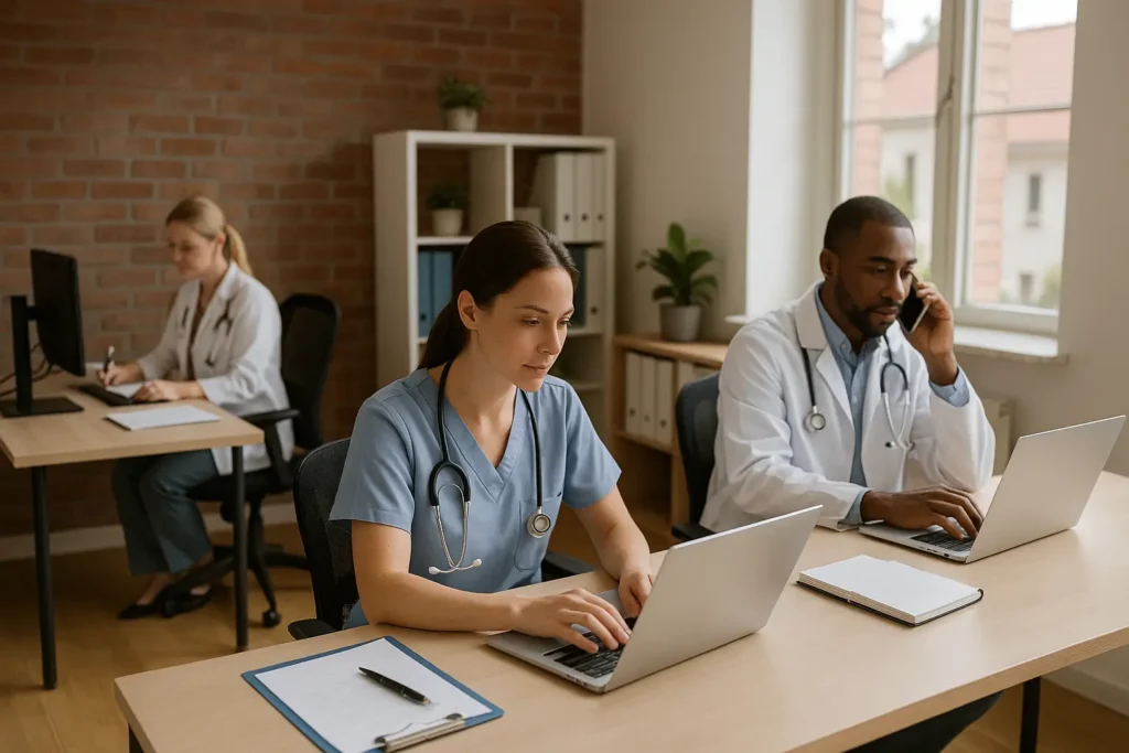 Profissionais da saúde trabalhando em um coworking médico, com médicos e enfermeiros usando notebooks em um ambiente iluminado e organizado, representando a rotina colaborativa em cidades pequenas.