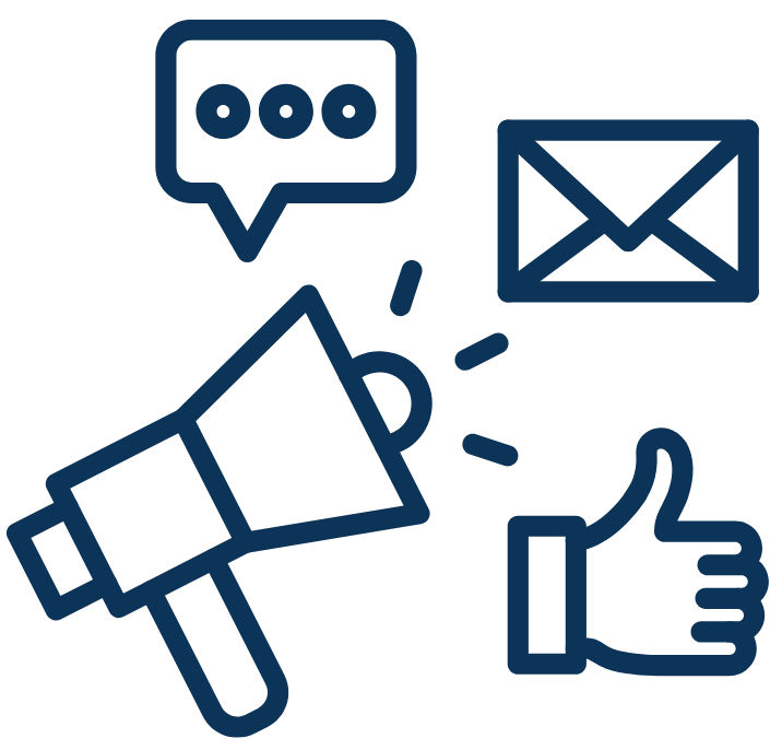 Ícone com megafone, mensagem, e-mail e curtida representando estratégias de marketing digital.