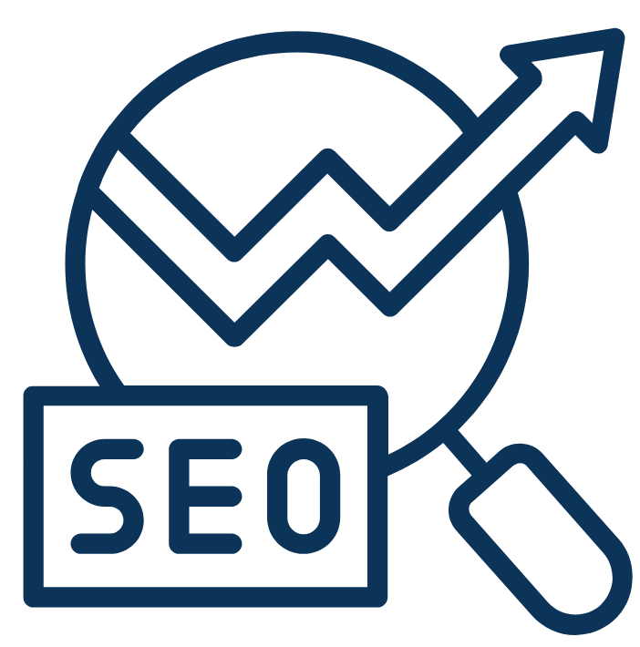 Ícone de SEO com lupa e gráfico de crescimento simbolizando otimização de sites.