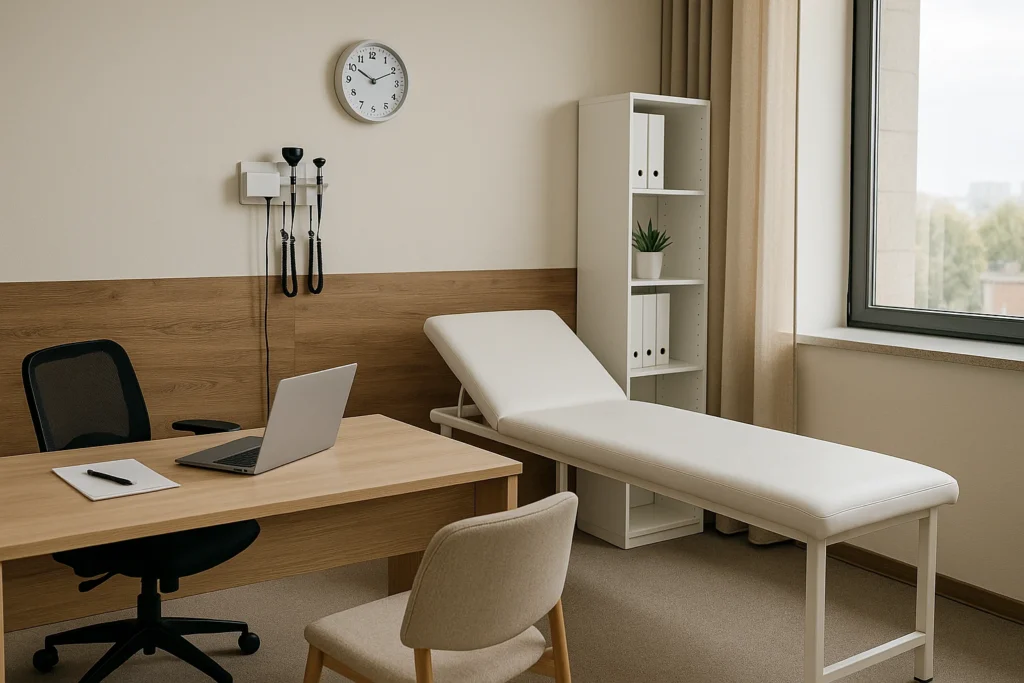 Consultório médico moderno e bem equipado com maca, mesa e iluminação natural, ideal para profissionais que buscam espaços para aluguel em alta demanda.
