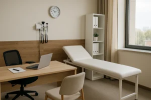 Consultório médico moderno e bem equipado com maca, mesa e iluminação natural, ideal para profissionais que buscam espaços para aluguel em alta demanda.