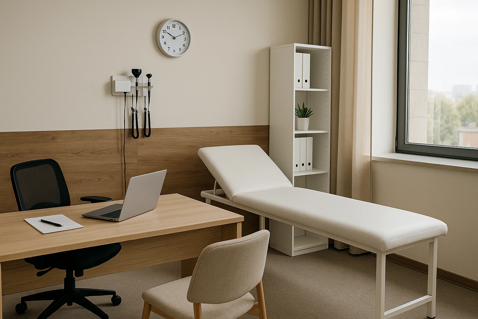 Consultório médico moderno e bem equipado com maca, mesa e iluminação natural, ideal para profissionais que buscam espaços para aluguel em alta demanda.