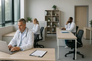 Imagem realista de um coworking médico moderno, com profissionais de saúde trabalhando em estações organizadas, ambiente iluminado e estrutura planejada para consultas e produtividade.