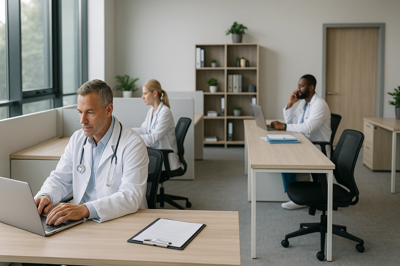 Imagem realista de um coworking médico moderno, com profissionais de saúde trabalhando em estações organizadas, ambiente iluminado e estrutura planejada para consultas e produtividade.