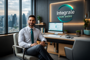 Médico sentado em consultório sofisticado com vista urbana, ao lado do logotipo da Integrale Hub Saúde, representando modernidade e atendimento de excelência.