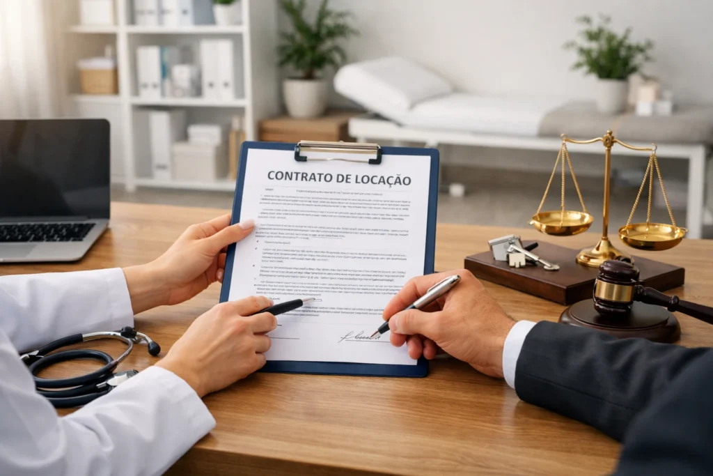 Profissional da saúde analisando contrato de locação em consultório médico moderno, representando segurança jurídica ao alugar sala para atendimento