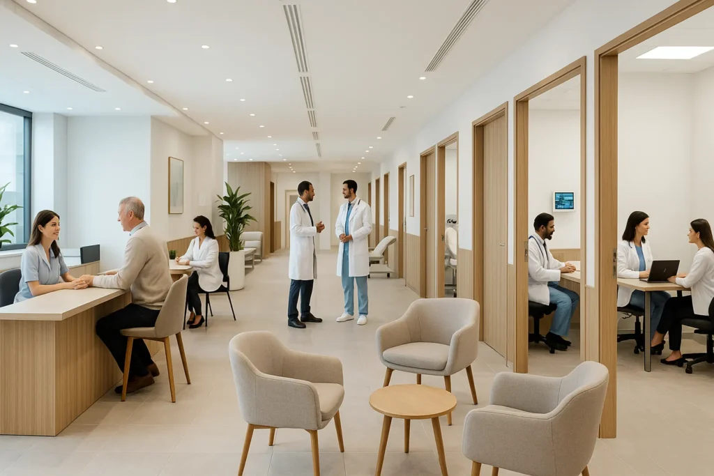 Ambiente moderno de coworking médico com consultórios organizados, profissionais de saúde atendendo pacientes e área de espera confortável, representando infraestrutura de alto padrão para clínicas de especialidades.