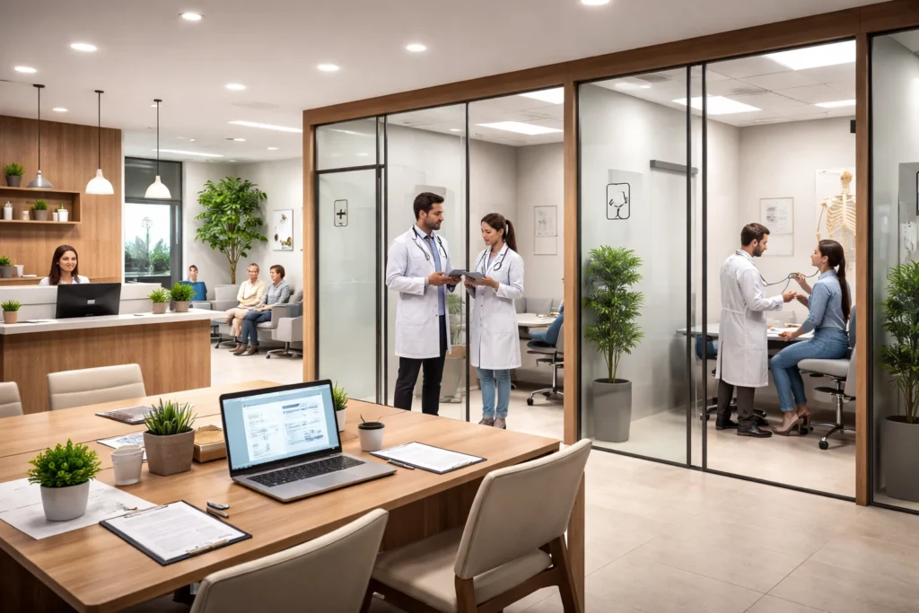 Ambiente moderno de coworking da saúde com consultórios envidraçados, profissionais de saúde atendendo pacientes e área de recepção organizada, seguindo novas regulamentações do setor.