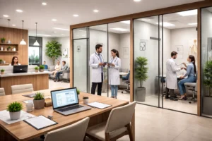 Ambiente moderno de coworking da saúde com consultórios envidraçados, profissionais de saúde atendendo pacientes e área de recepção organizada, seguindo novas regulamentações do setor.