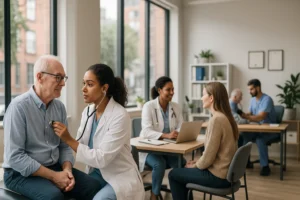 Profissionais de saúde atendendo pacientes em um ambiente moderno de coworking médico, com salas integradas, iluminação natural e enfoque em atendimento colaborativo, representando a tendência dos coworkings de saúde em 2025.