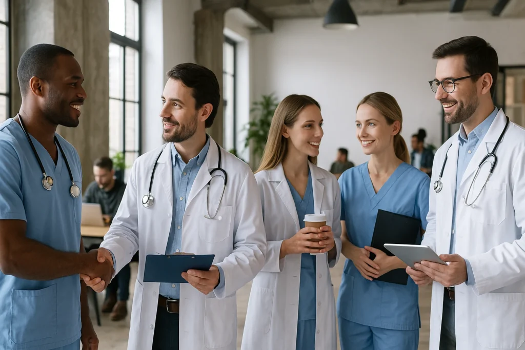 Grupo de profissionais da saúde conversando e interagindo em um coworking moderno, com médicos e enfermeiros sorrindo, trocando ideias e fortalecendo networking em um ambiente colaborativo.